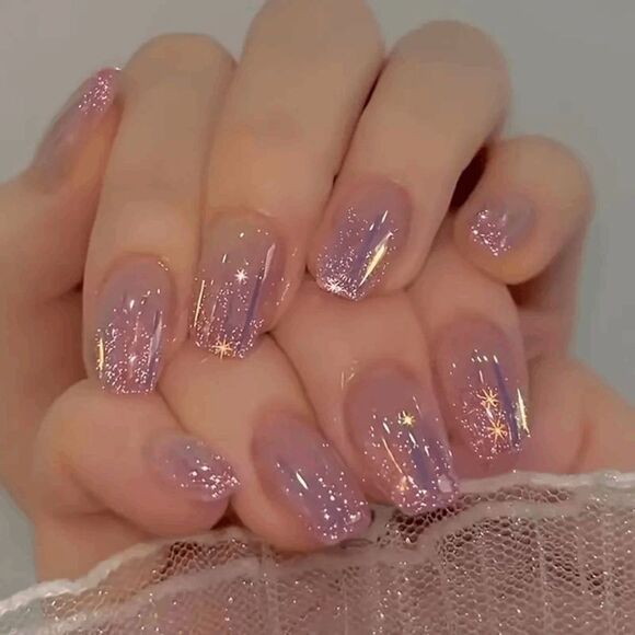 False Nails 24PC Natural pink purple glitter streak Medium Square press on nails - Picture 1 of 10